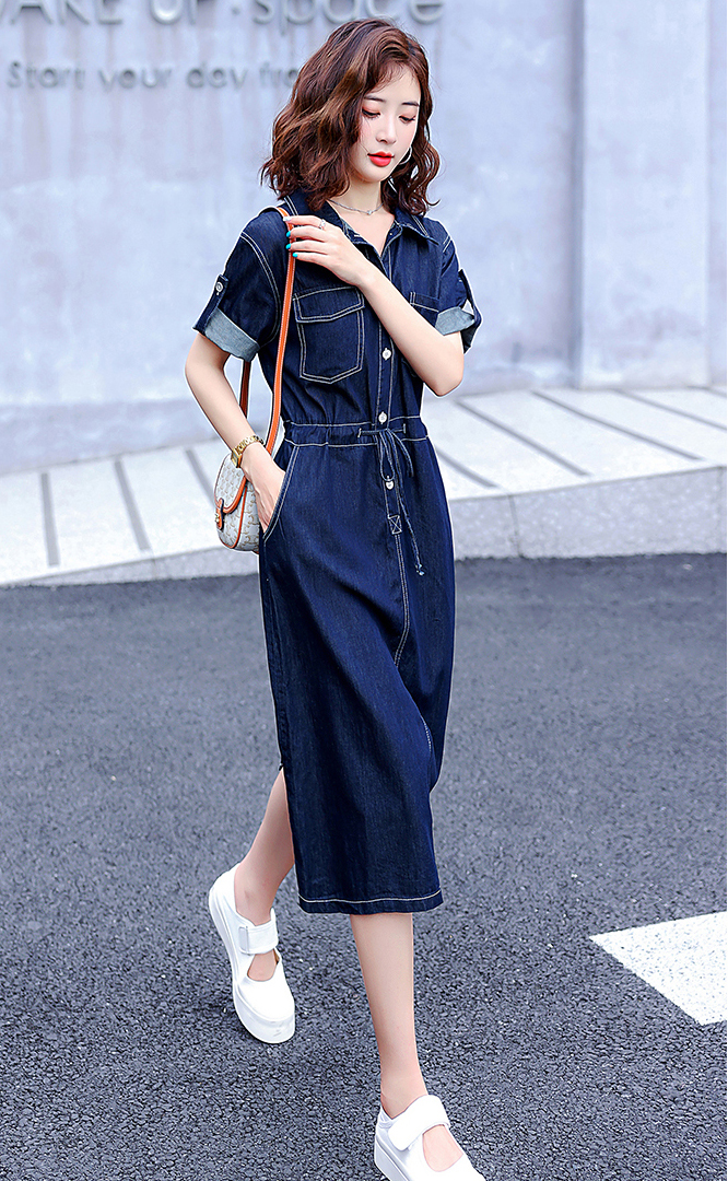 ĐẦM JEAN XÒE CỔ SƠ MI EO RÚT - NJ220